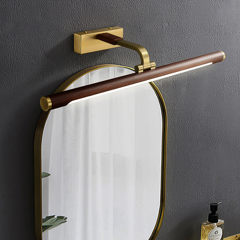 Walnut Wood Grain Tubular Wall Light, Country Style Acrylic Bathroom LED Mirror Lighting with Brass Swivel Joint | Karnz