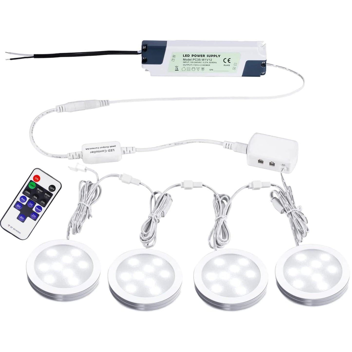 Skanto | Aiboo Linkable Led Under Cabinet Lights Hardwired 12V Slim Aluminum Dimmable Puck Lights With Remote For Cabinet Lighting (4 Lights, Daylight White, No Wall Plug)