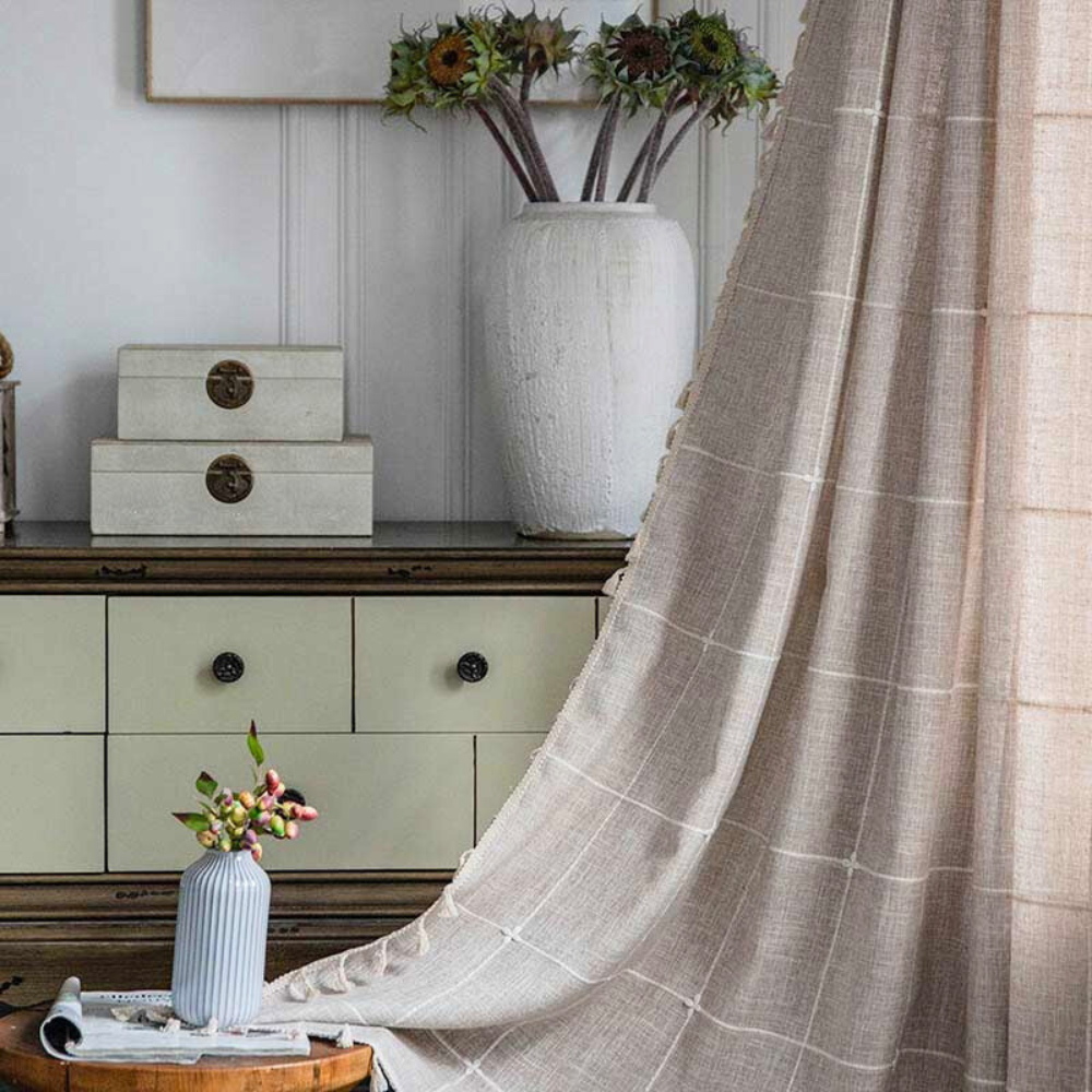 Skanto | Checkered Fringe Semi-Blackout Curtains – Boho Style Drapes