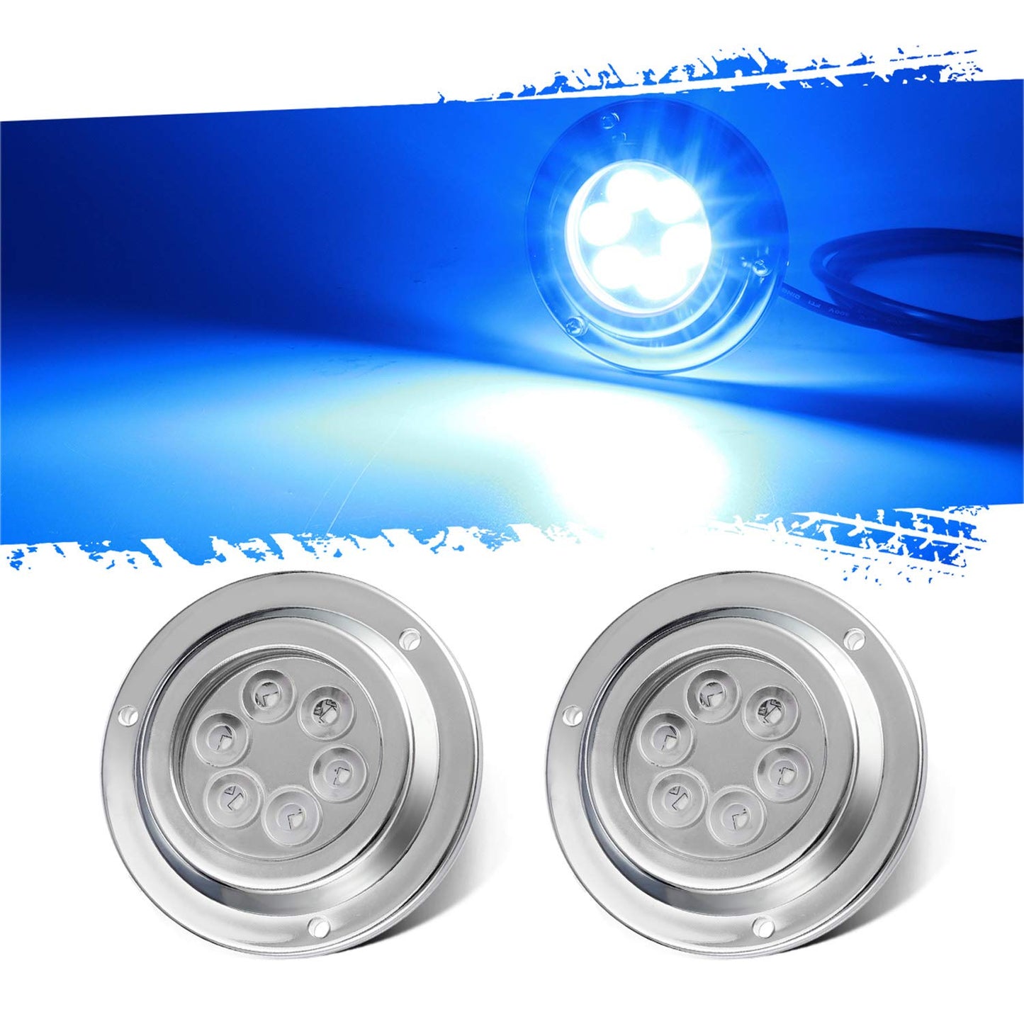 Skanto | Skanto 2Pcs Blue 6LED Round Underwater Boat Lights, Transom Lights for Yachts Boats Sailboat Pontoon, IP68 Waterproof, Stainless Steel Housing, Surface Mount, 12V