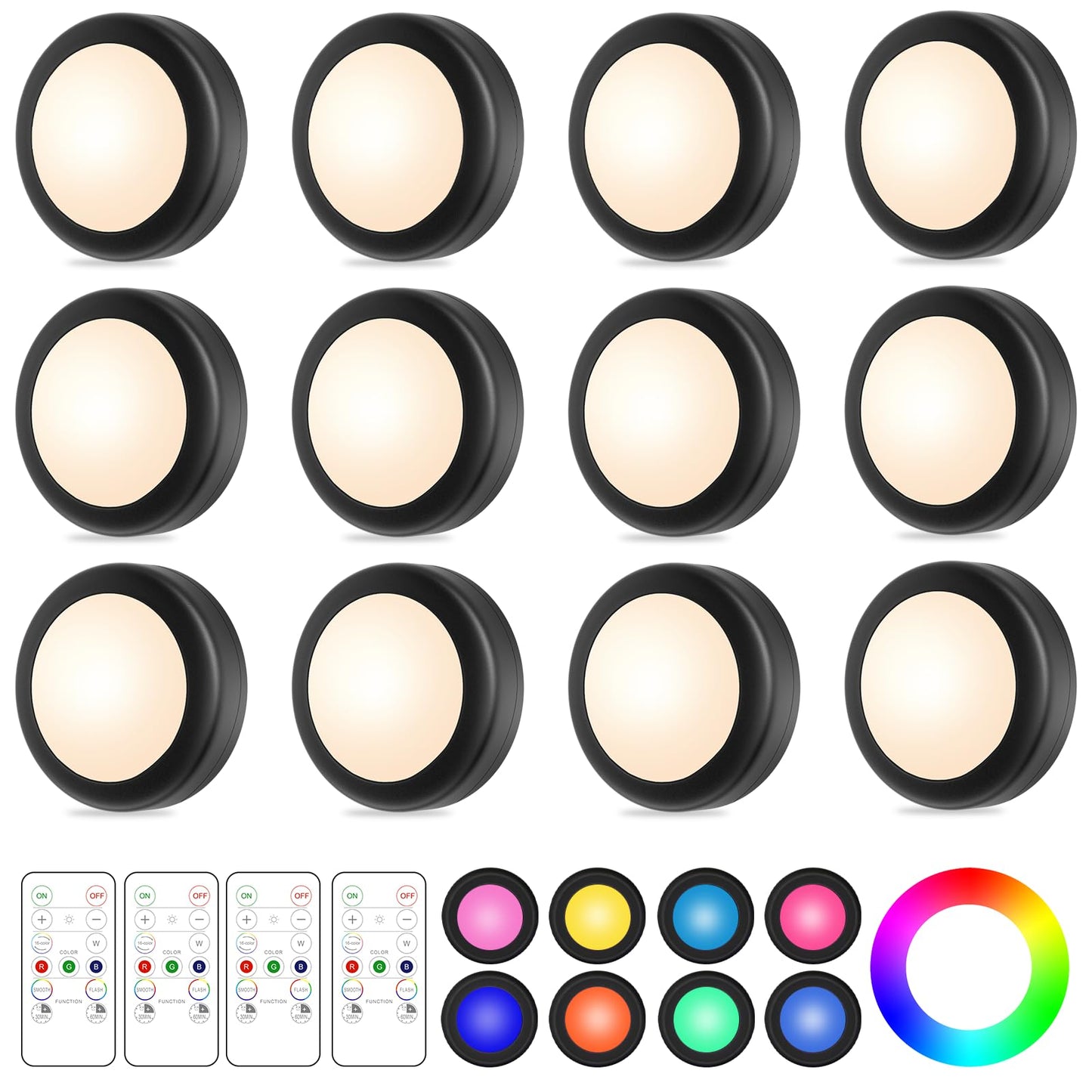 Skanto | Yiliaw 12 Pack LED Puck Lights Remote Control 16 Color Changeable Under Cabinet Lights, Battery Operated Lights Night Light With