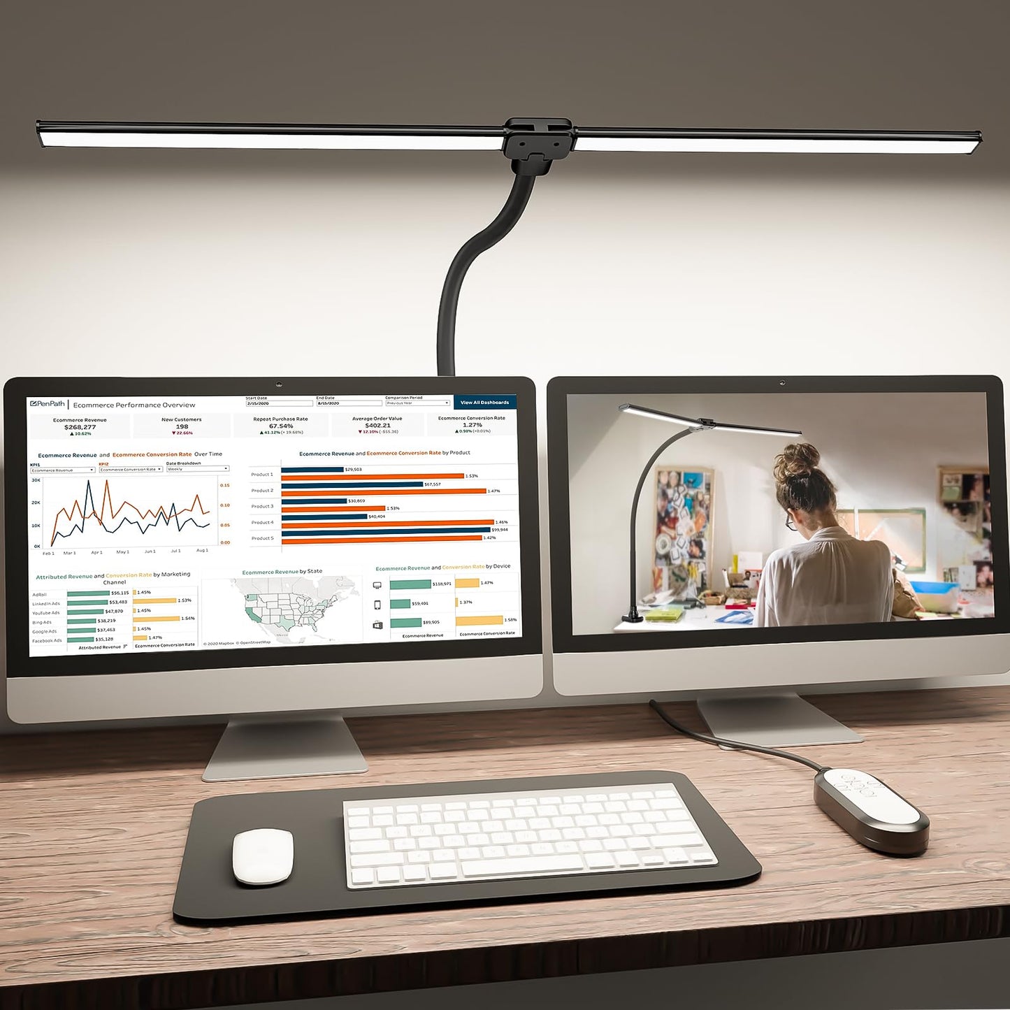 Skanto | Shinetech LED Desk Lamp for Home Office, 4000K Neutral White Double Head Architect Task Lamps with Clamp, Dimmable Adjustable Fl