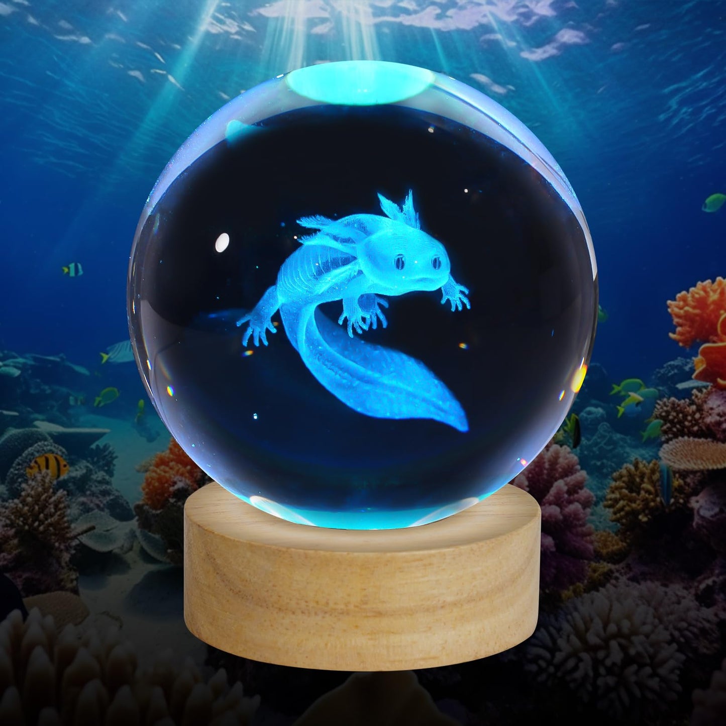 Skanto | Zxblaq 3D Axolotl Crystal Ball Night Light, Upgraded 3.15 Inch Glass Ball Lamp with 16 Color LED Wood Base, Axolotl Decor Gift
