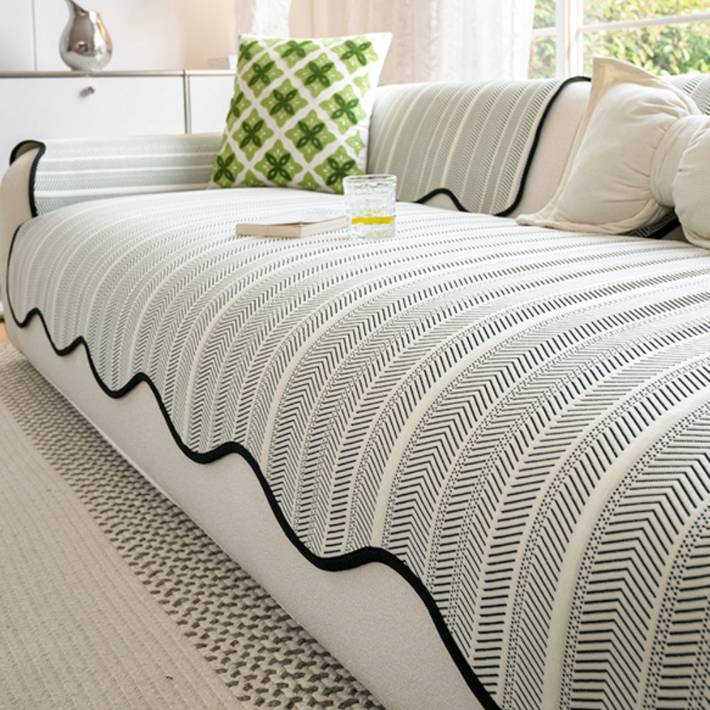 BowLift | Aurivelle Herringbone Sofa Cover with Scalloped Edge Trim
