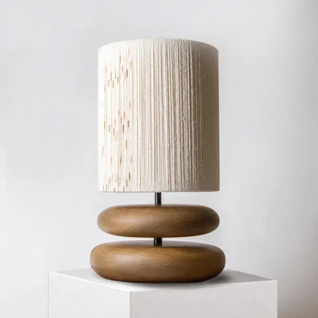 Rustic table lamp made of walnut wood with linen shade – Natural lighting for living room | Bowlift
