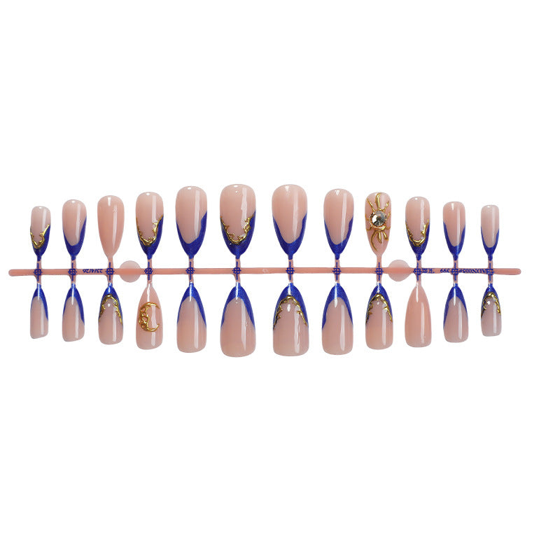 Premium Decorative Press-On Nail Set with Gold and Blue Accent Designs Acalora