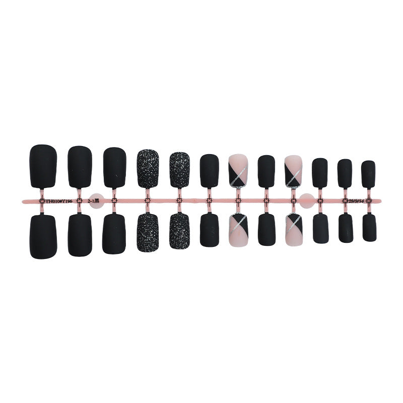Matte Finish Press-On Nail Set with Glamorous Black and Sparkly Designs Acalora