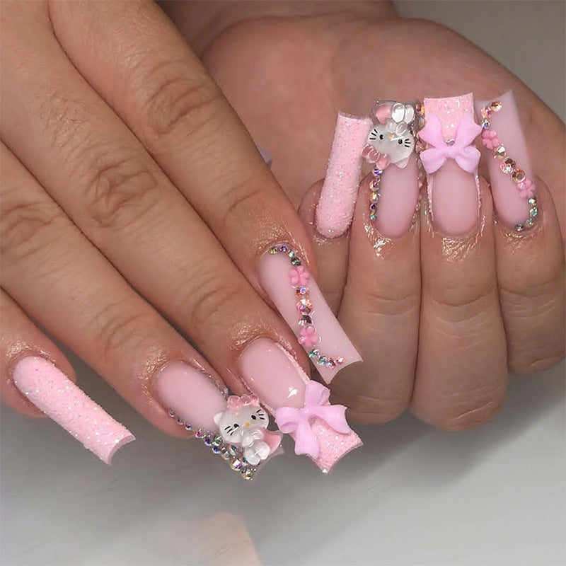 Decorative Premium Press-On Nail Set with Rhinestone and Bow Accents Acalora