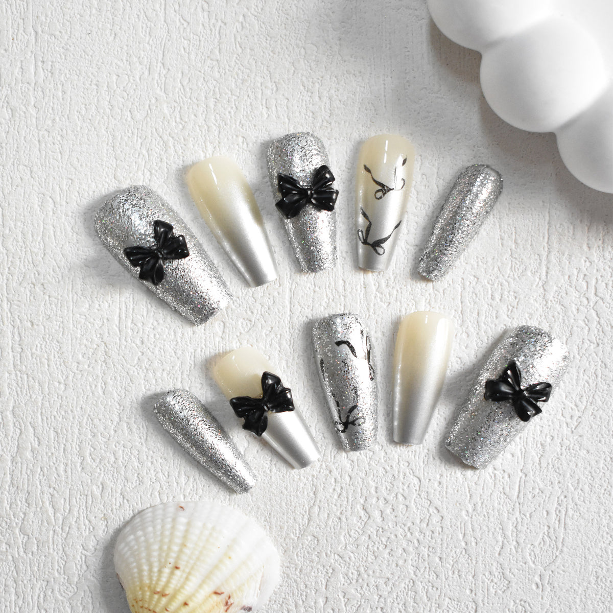 Glittery Bow-Accent Press-On Nail Set Acalora
