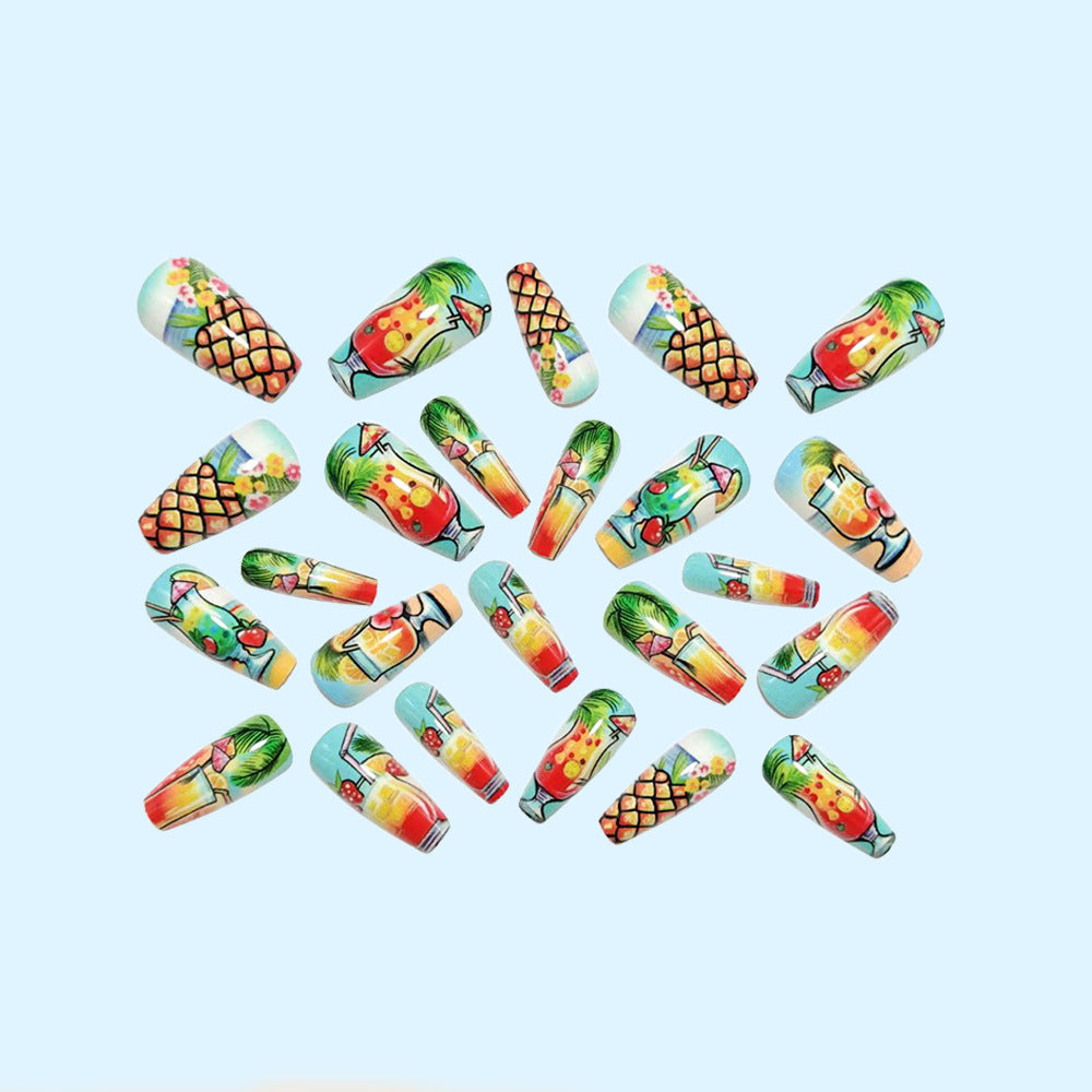 Artificial nail set with tropical drink motif and colorful accents Acalora