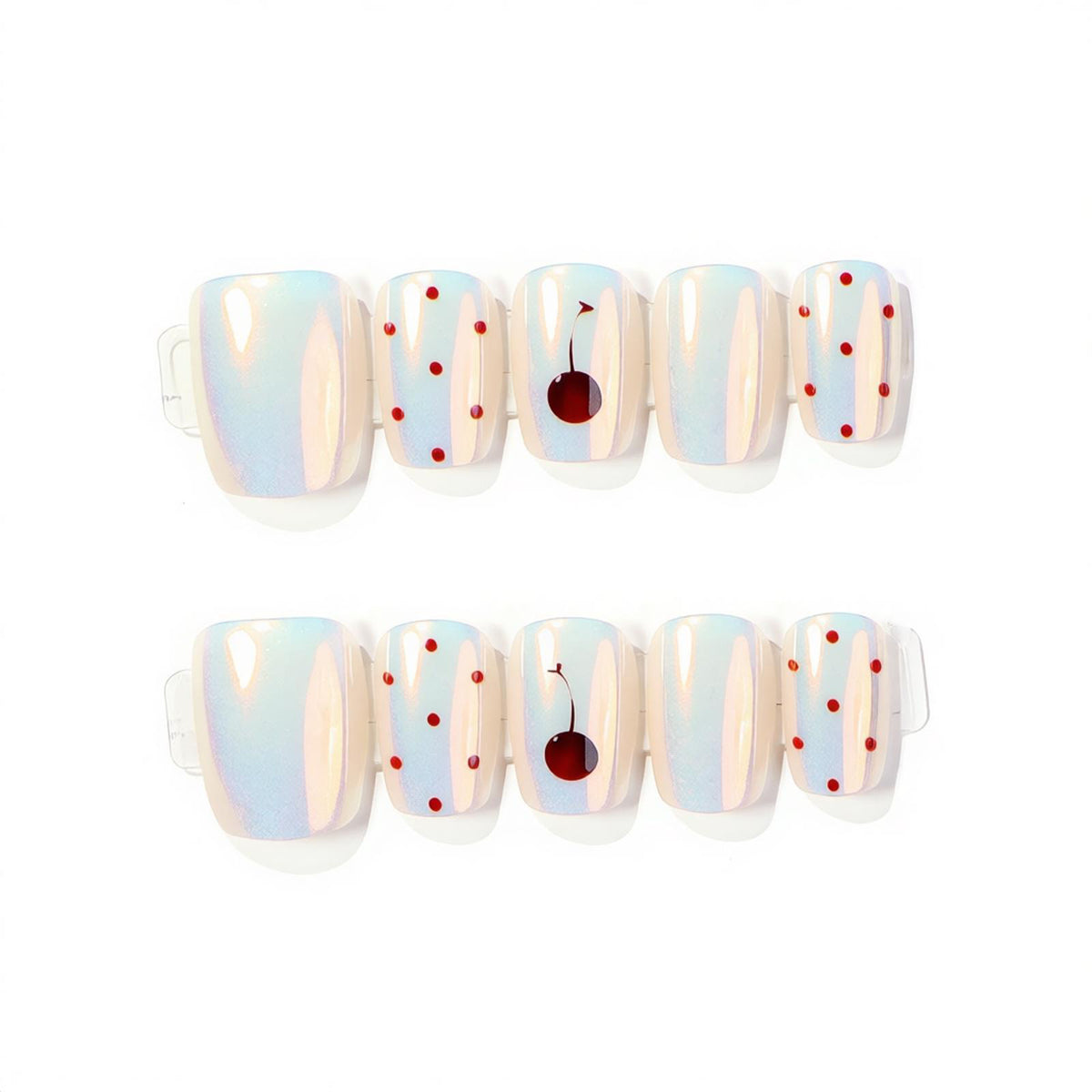 Artistic Press-On Nail Art Set with Cherry and Polka Dot Design Acalora