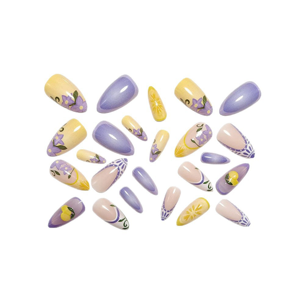 Artificial nails with creative lemon and lilac design Acalora