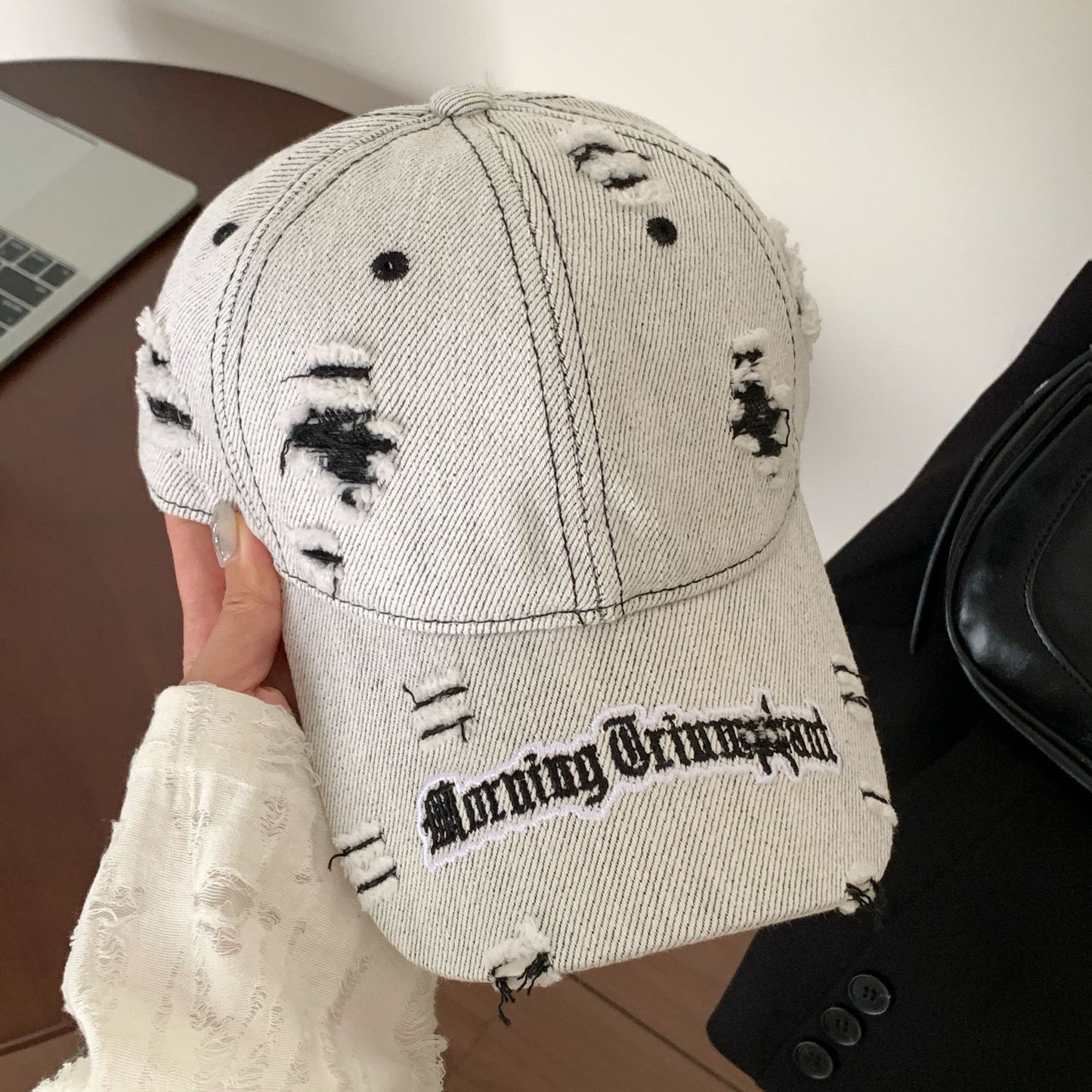 Distressed Denim Baseball Cap with Embroidered Detail
