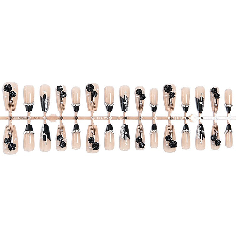 Artificial nail set with glamorous 3D rose details and elegant glitter accents Acalora
