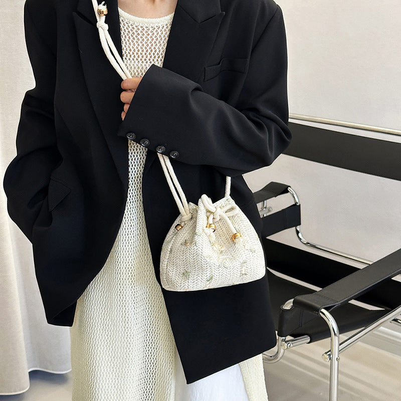 Embroidered Drawstring Bucket Bag Acalora