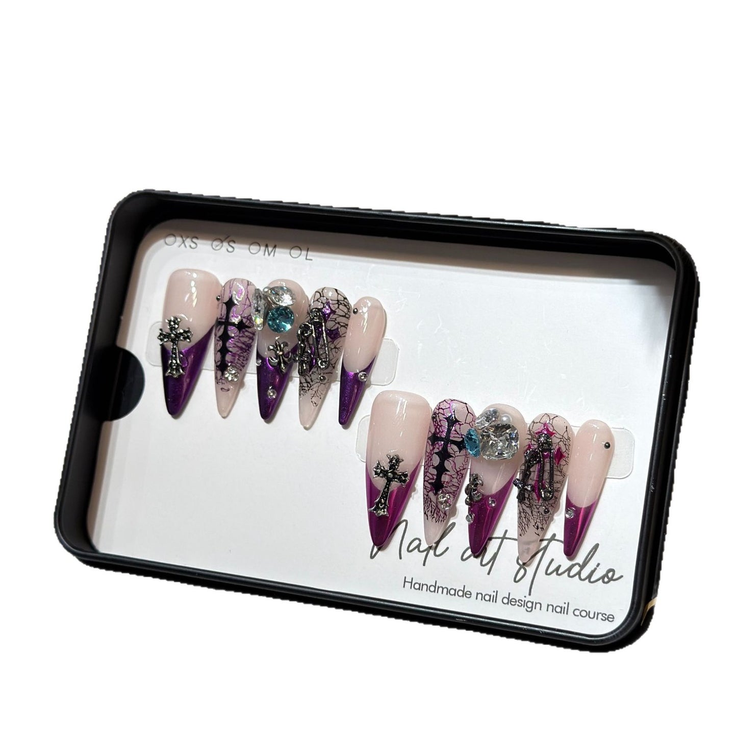 Artistic Stiletto Press-On Nail Set with Unique Floral and Gemstone Accents Acalora