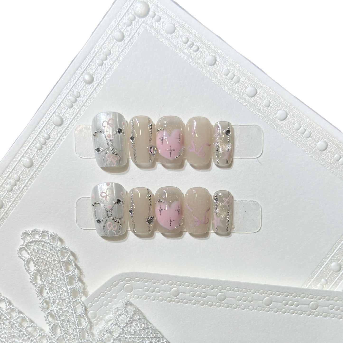Decorative Press-On Nail Set with Heart and Silver Accents Acalora
