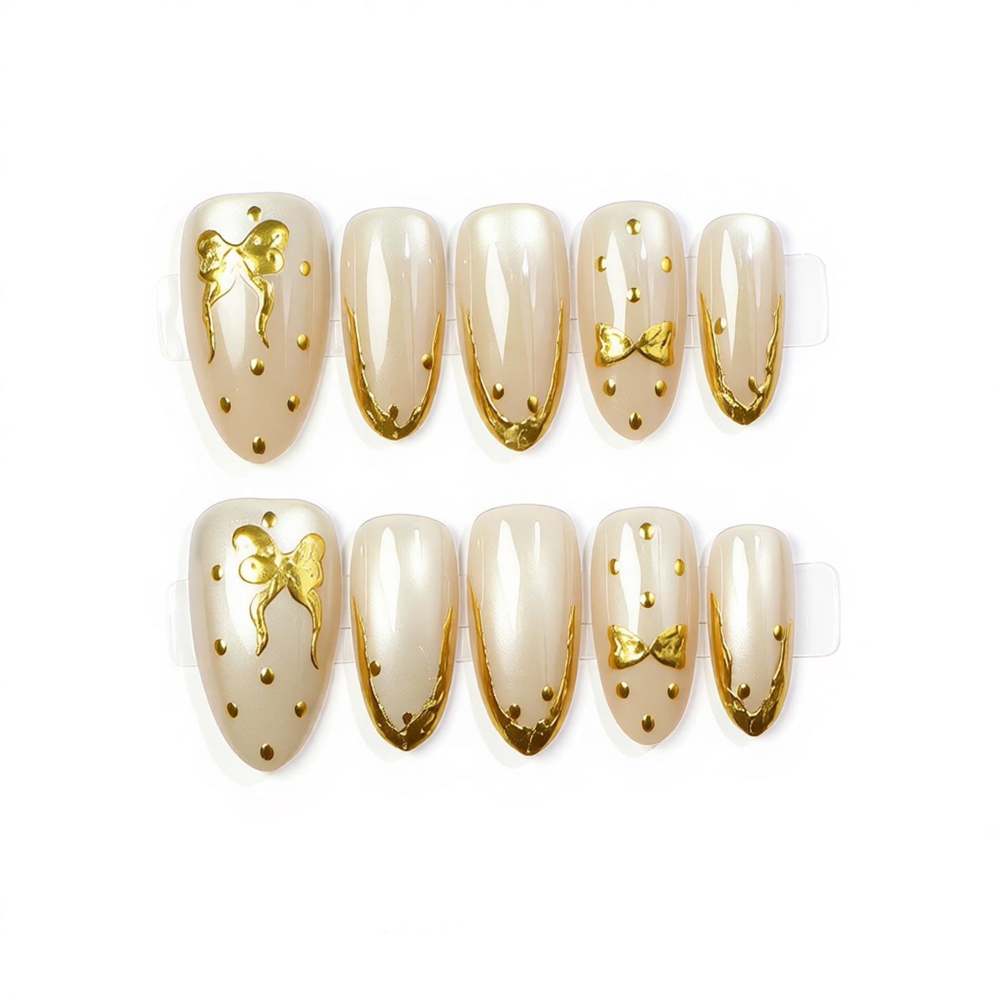 Elegant Press-On Nail Art with Golden Bow Accents Acalora