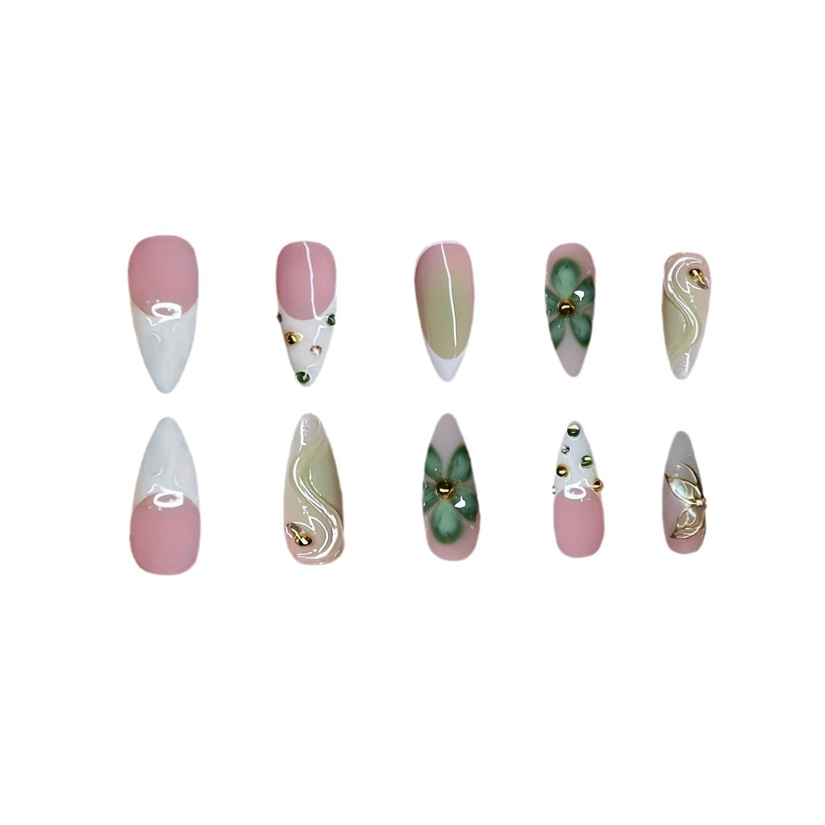 Artistic Press-On Nail Design with Floral Elements Acalora