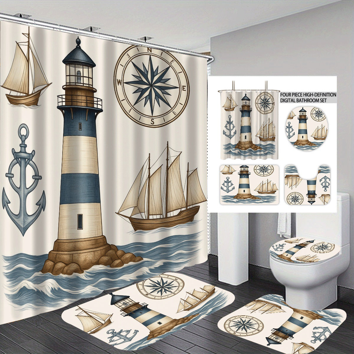 Coastal Lighthouse-Themed Four-Piece Bathroom Set