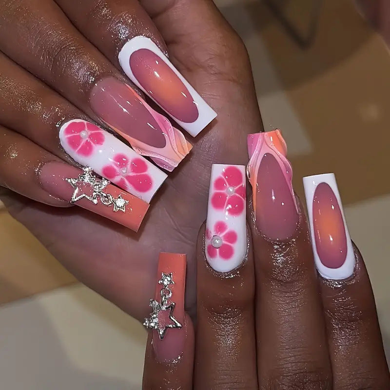 Decorative Floral and Star Press-On Nail Art Acalora