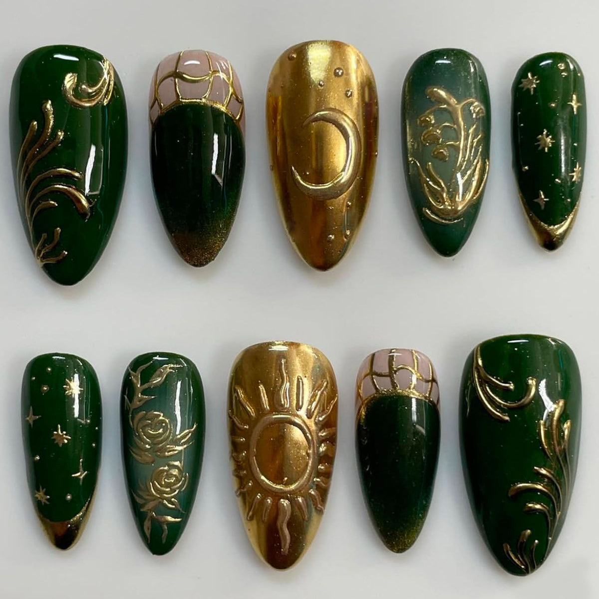 Artistic Press-On Nail Art Set with Celestial and Floral Designs Acalora