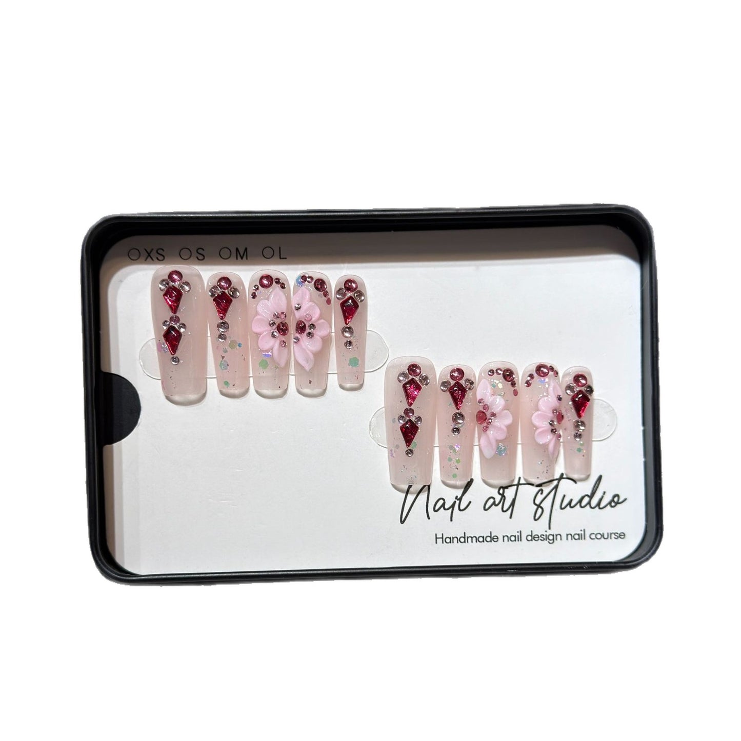 Floral-Themed Press-On Nail Set with Gemstone Accents Acalora