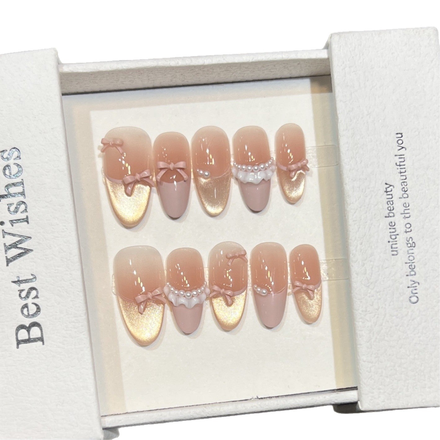 Elegant Press-On Nail Art Set with Pearl and Bow Accents Acalora