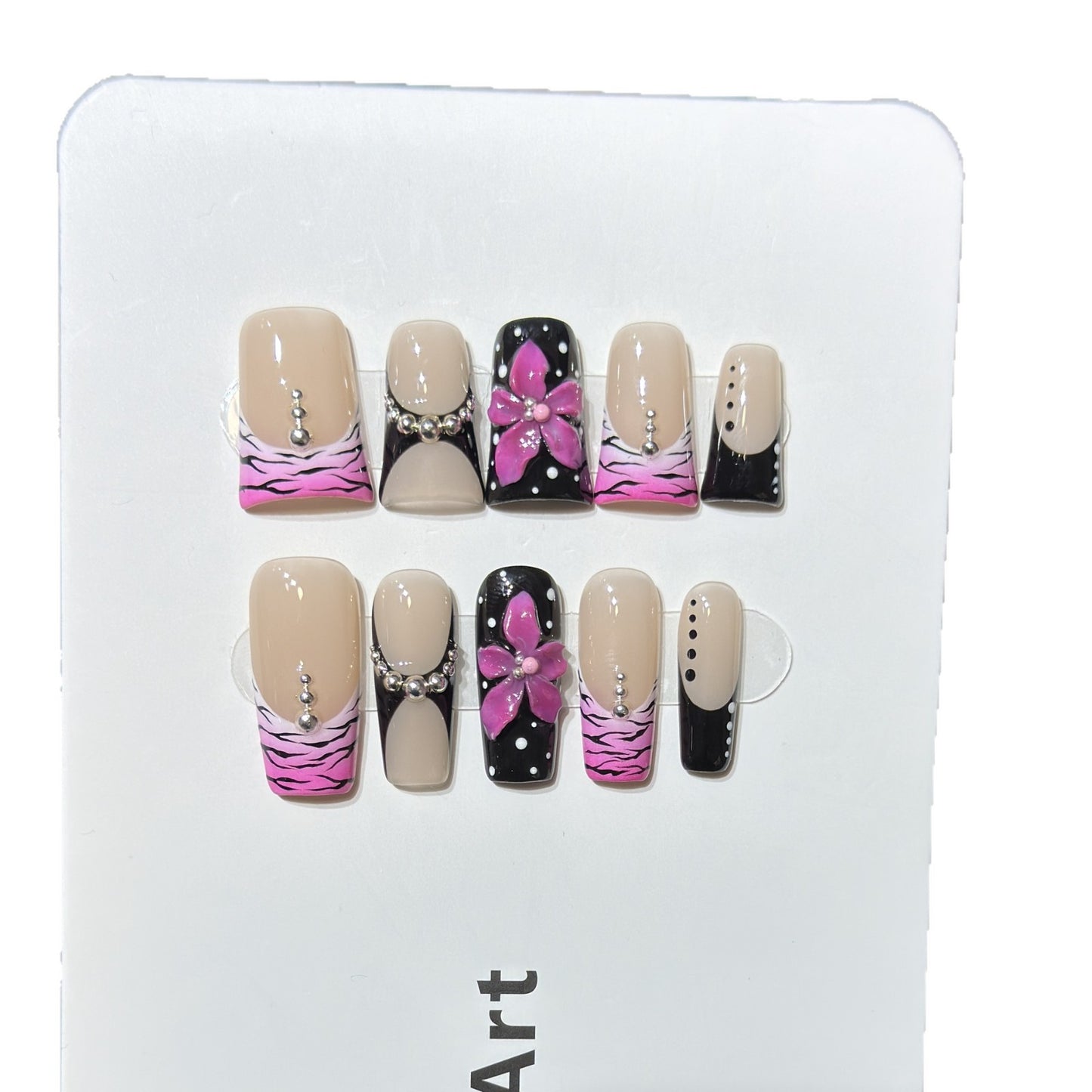 Decorative Press-On Nail Set with Floral and Striped Design Acalora