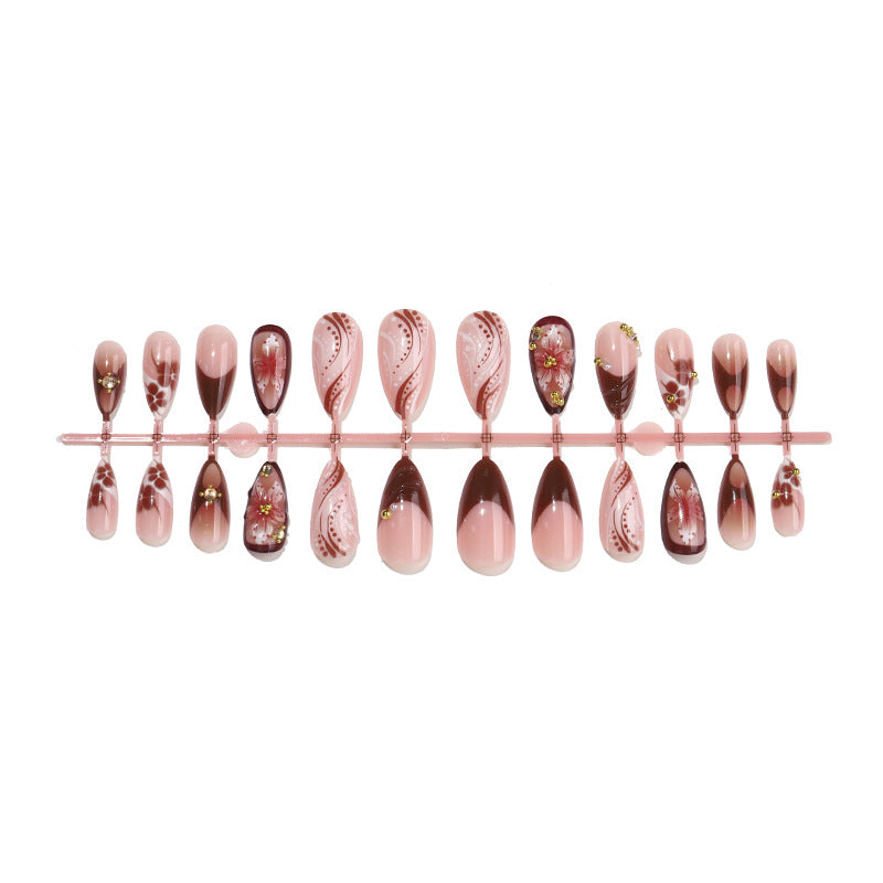 Decorative Press-On Nail Set with Intricate Floral and Ombre Design Acalora