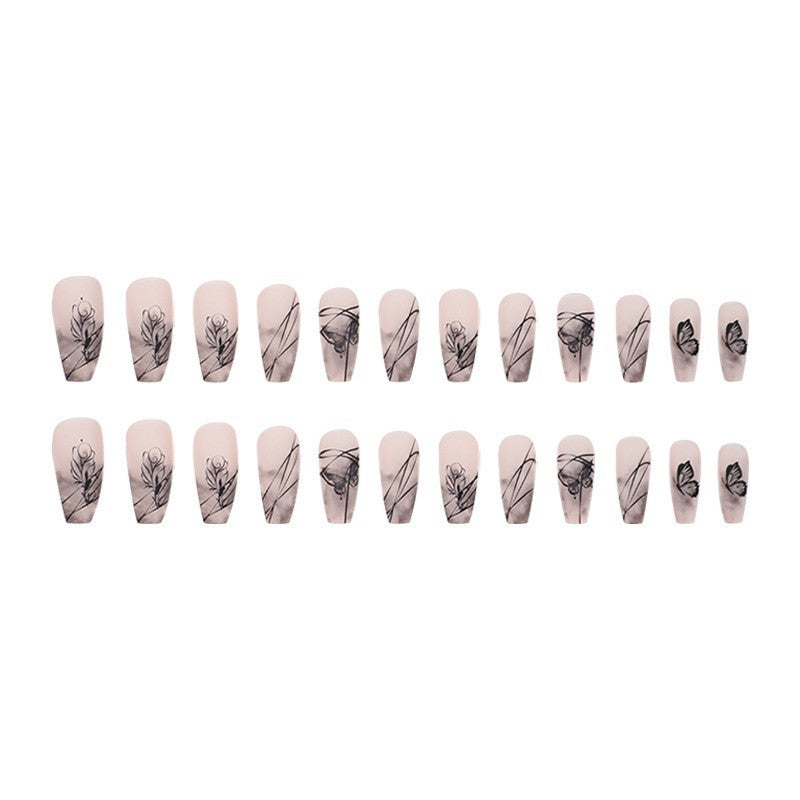 Artificial nail set with elegant flower design and delicate butterfly motifs Acalora