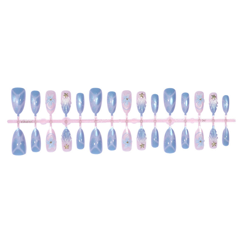 Artistic Press-On Nail Set with Iridescent Shell Accents Acalora