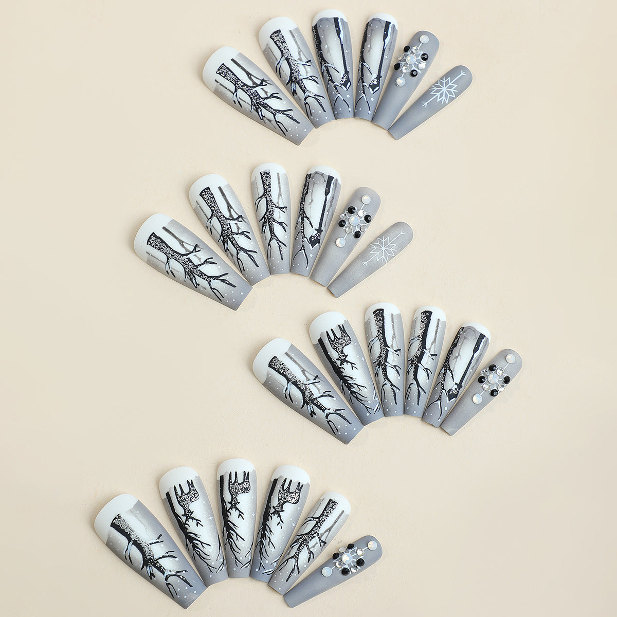 Fashionable Press-On Nail Art Set with Elegant Winter Tree Design Acalora