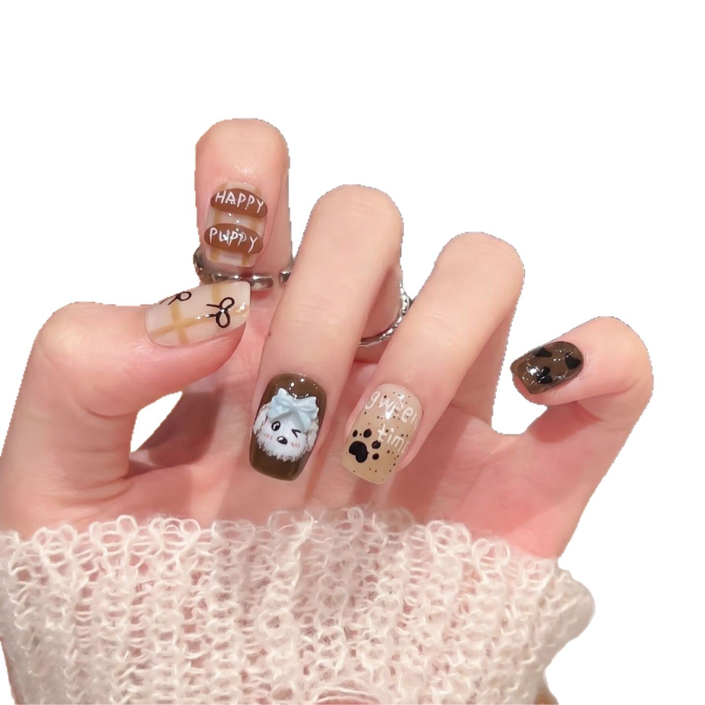 Playful Cartoon Dog-Themed Press-On Nail Art Set Acalora