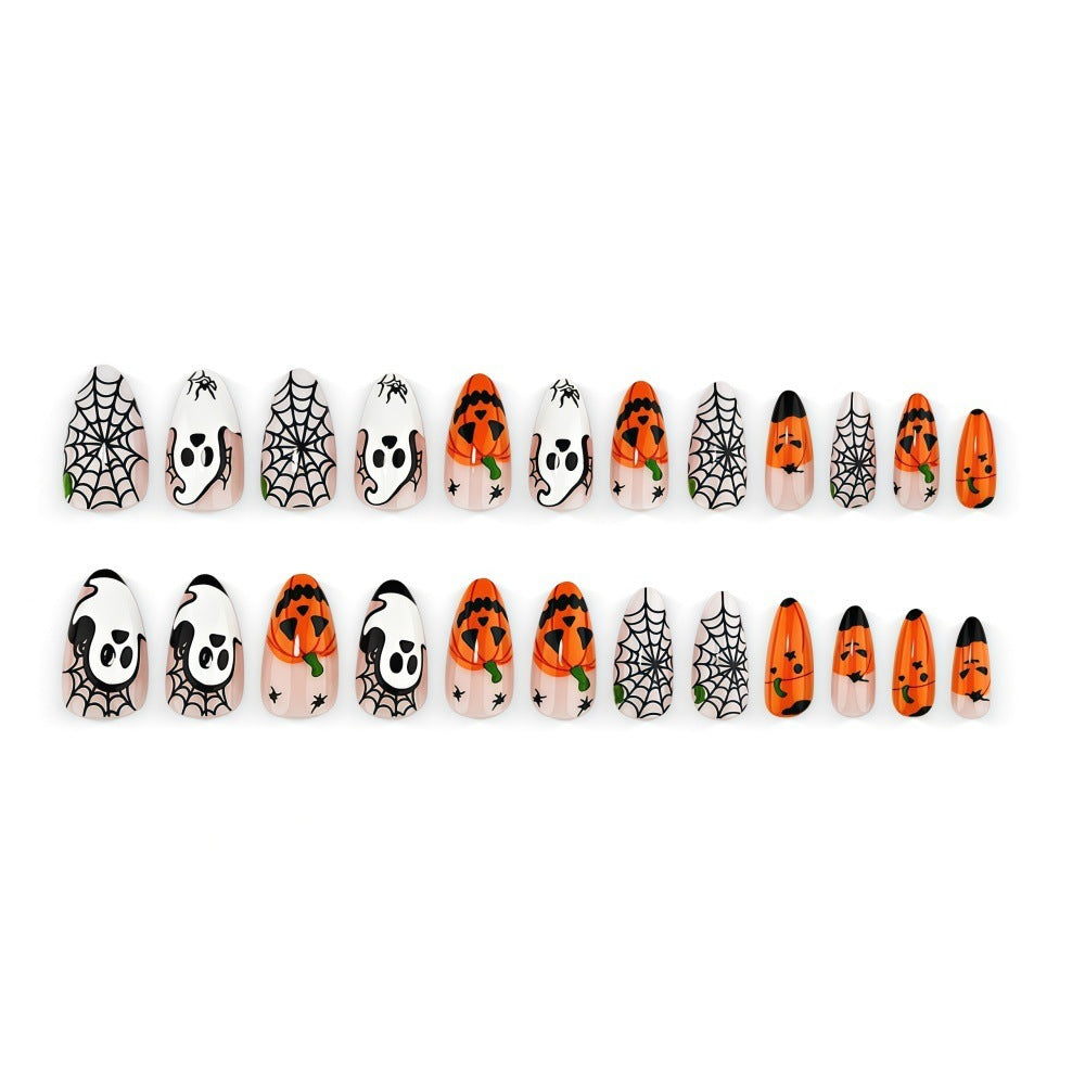 Halloween-themed artificial nails with spooky ghost and pumpkin design Acalora