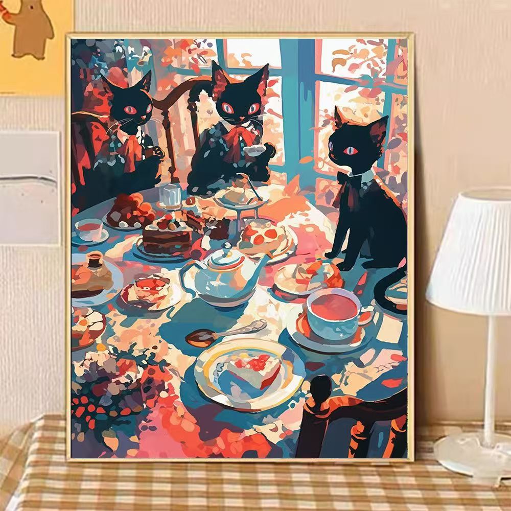 Whimsical Cat-Themed Afternoon Tea Canvas Art