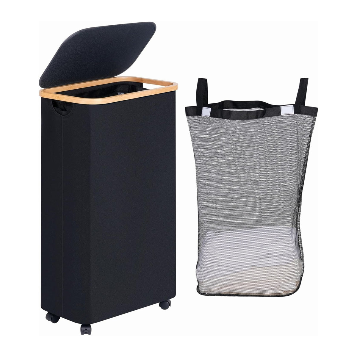 High-quality laundry container with bamboo lid and practical carrying handle Acalora