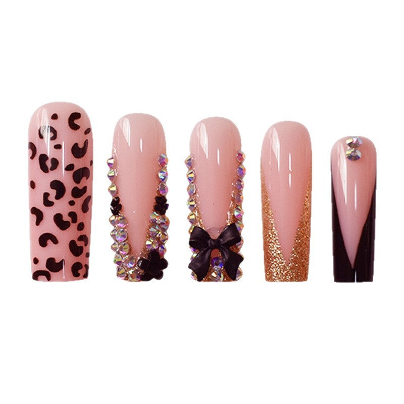 Glamorous Press-On Nail Art Set with Rhinestone and Leopard Accents Acalora