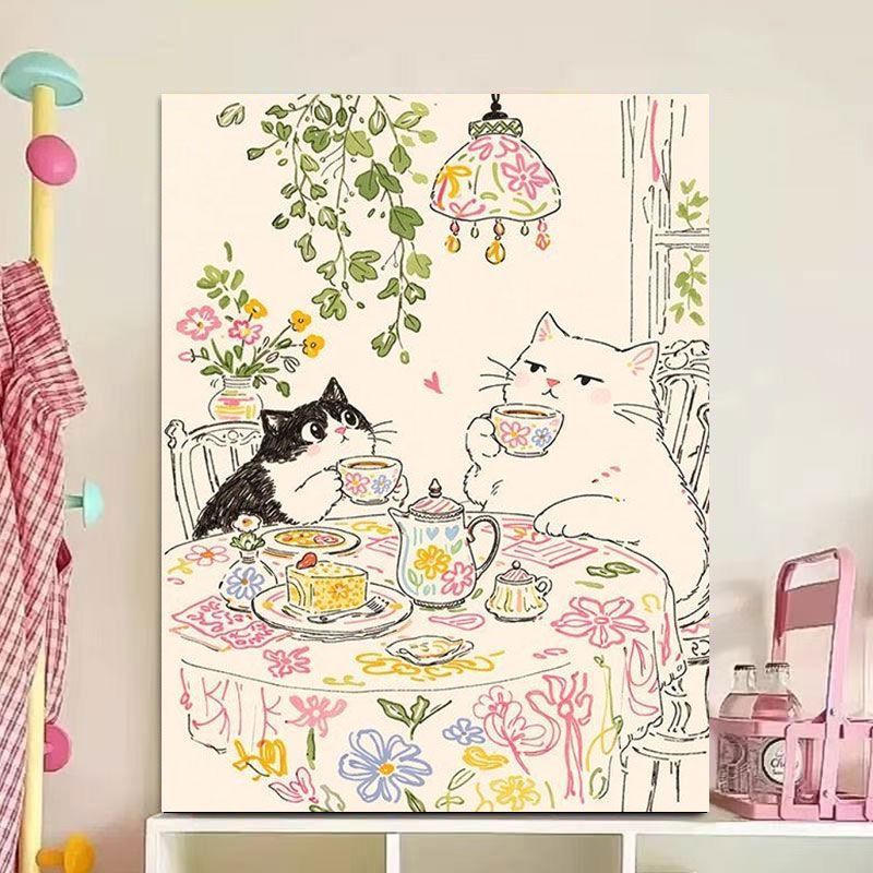 Whimsical Cat Illustration Canvas Art Print
