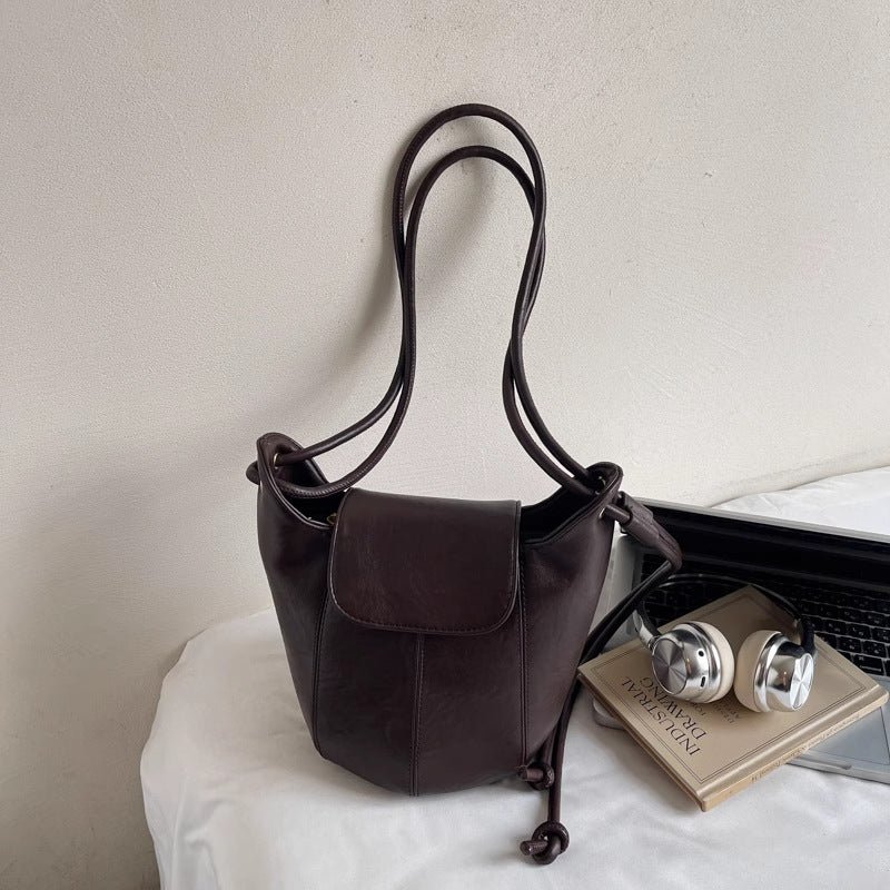 Vintage-Inspired Leather Drawstring Bucket Bag Acalora