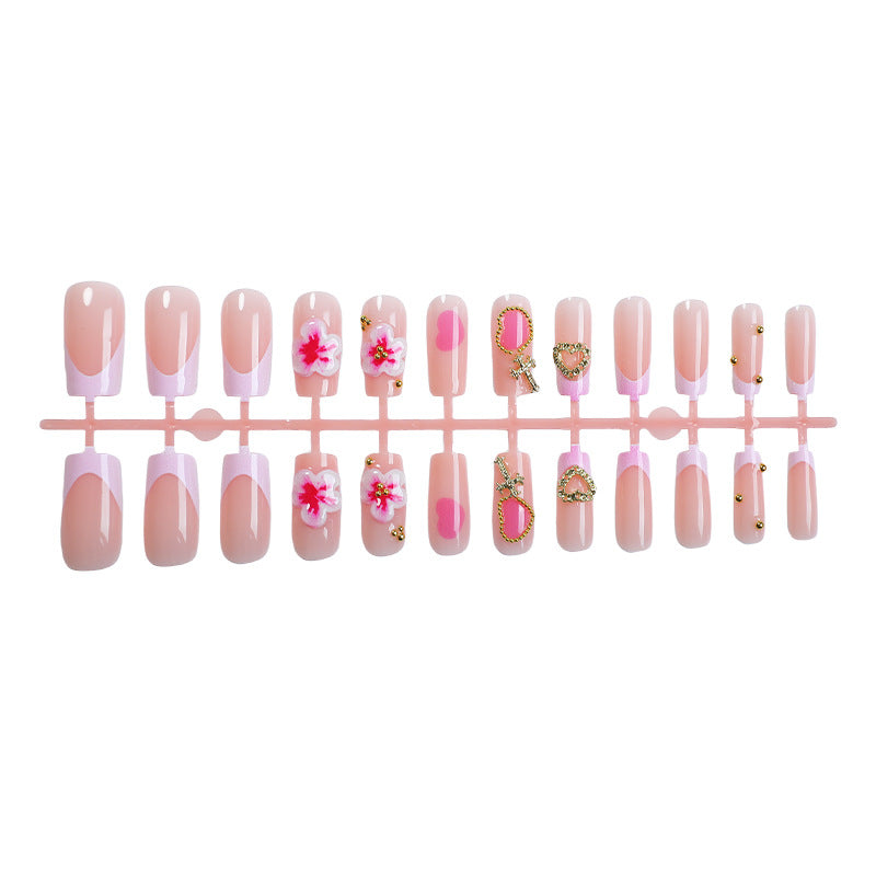 Decorative Floral Press-On Nail Set with Gem Accents Acalora