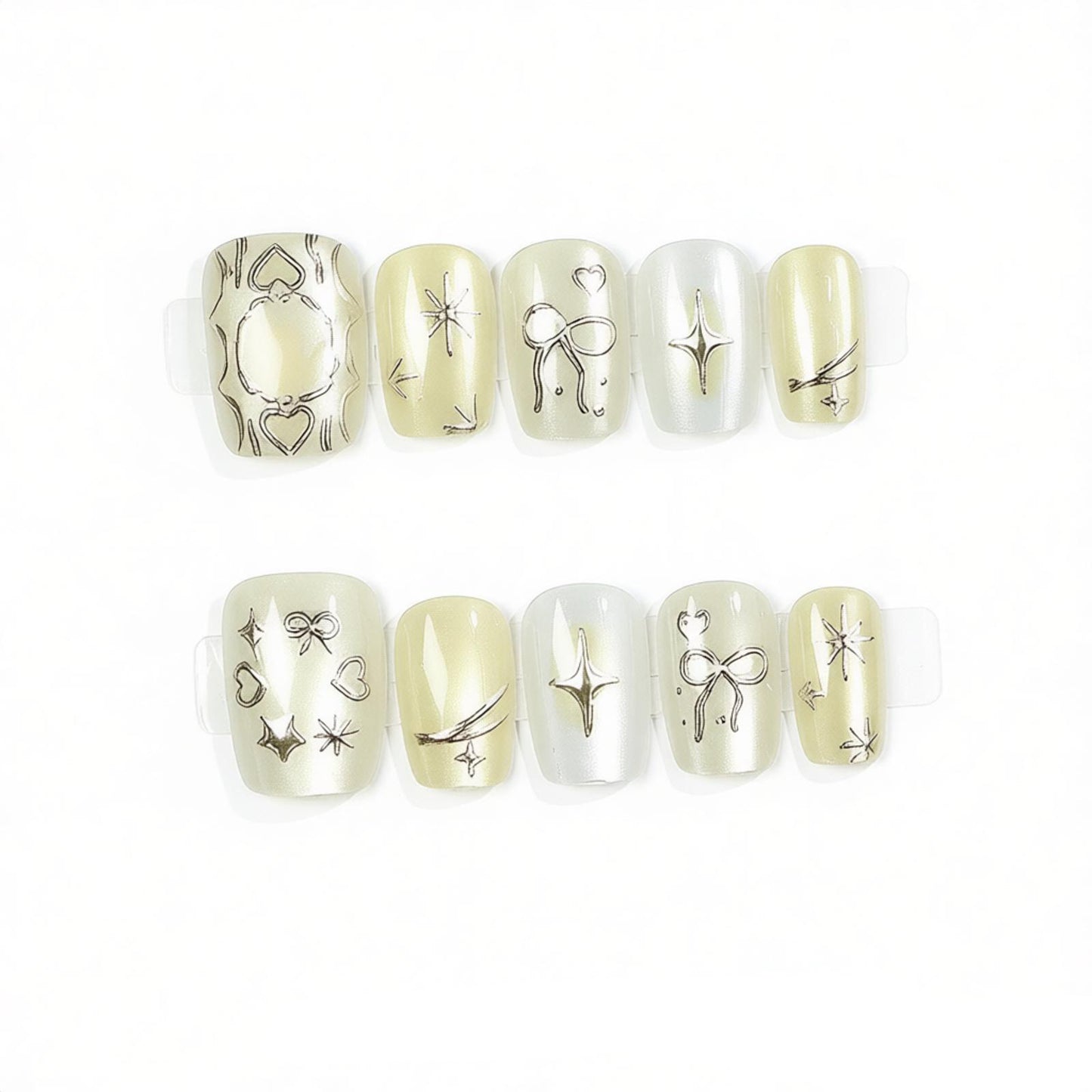 Creative Press-On Nail Art Set with Unique Silver Patterns Acalora
