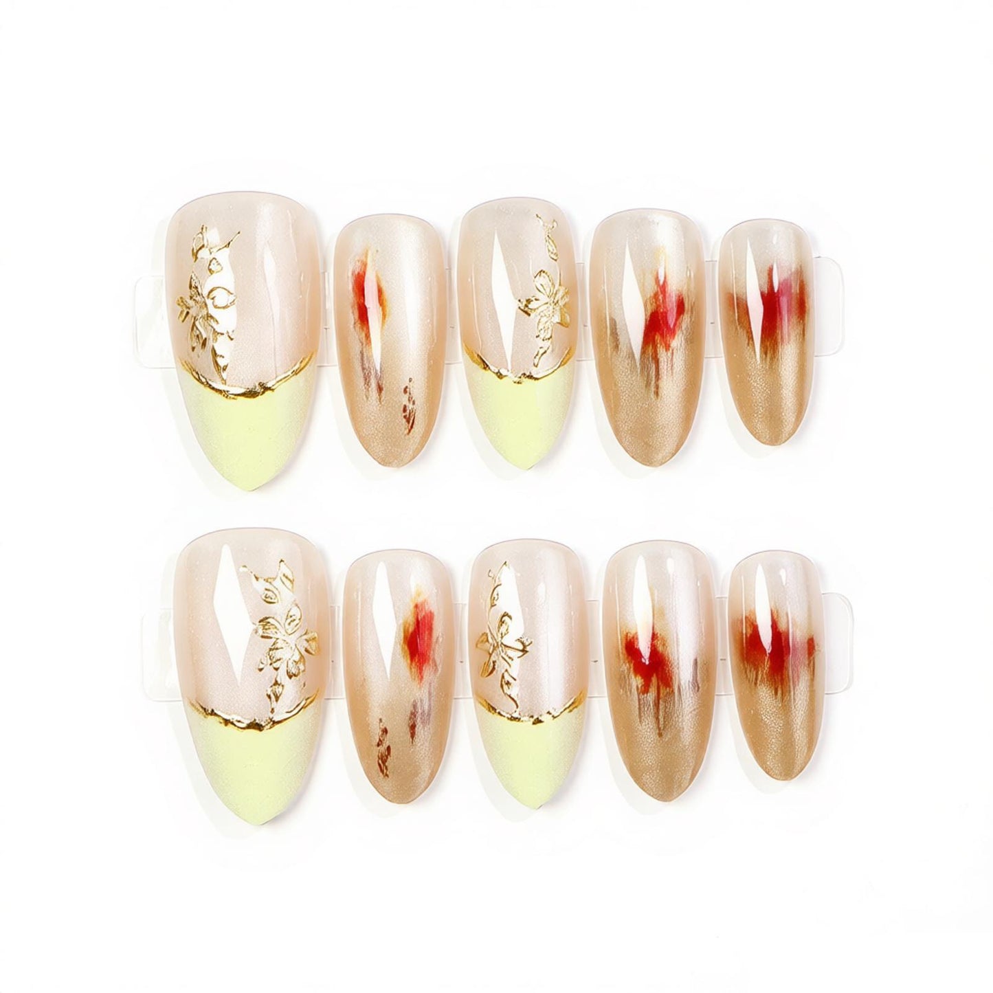 Elegant Press-On Nail Set with Floral Gold Accents Acalora