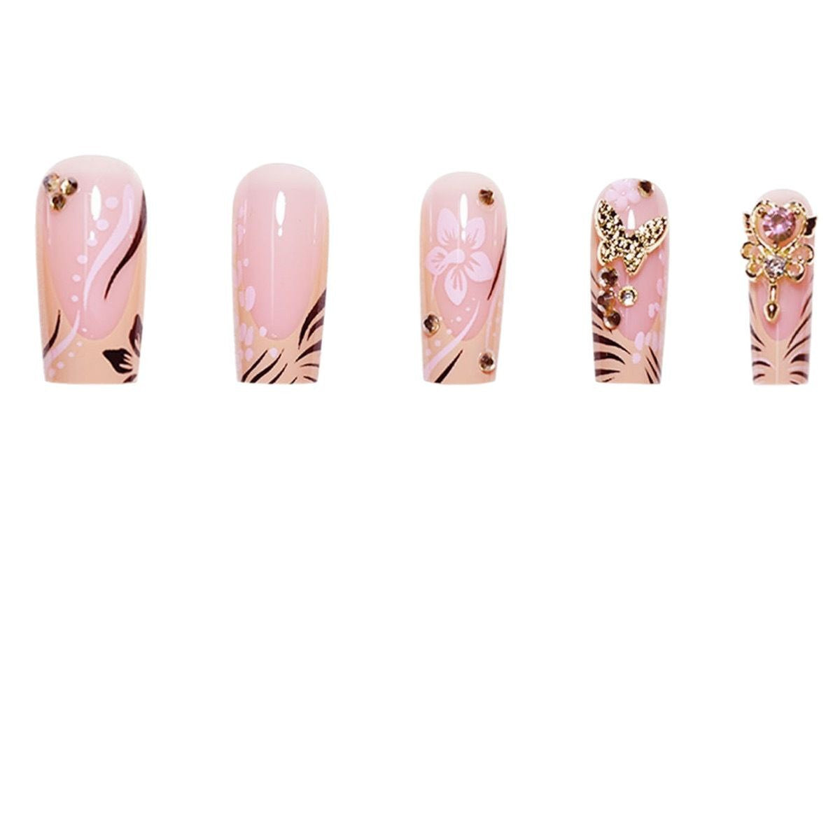 Artistic Press-On Nails with Floral and Gemstone Accents Acalora