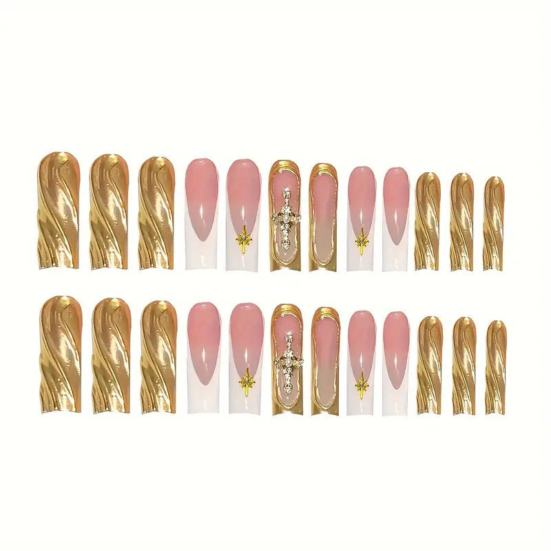 Elegant Press-On Nail Art with Gold Accents Acalora
