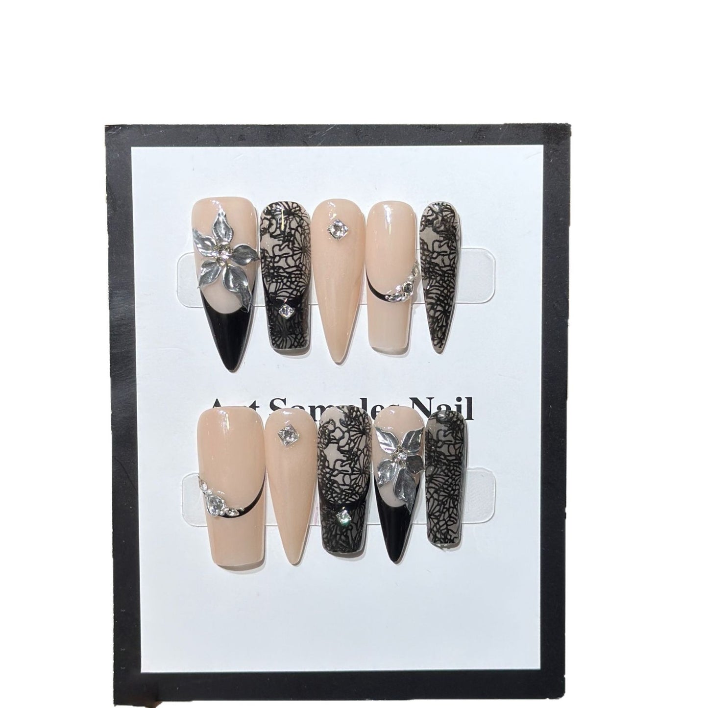 Artistic Stiletto Press-On Nail Set with Floral and Geometric Accents Acalora