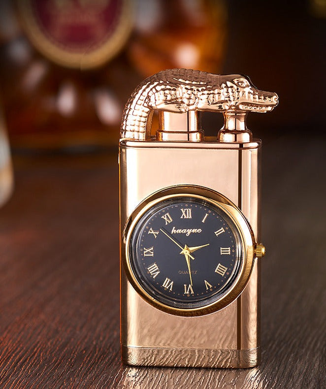 Brehn Lighter with quartz watch, metal punch, windproof lighter with blue flame and alligator head