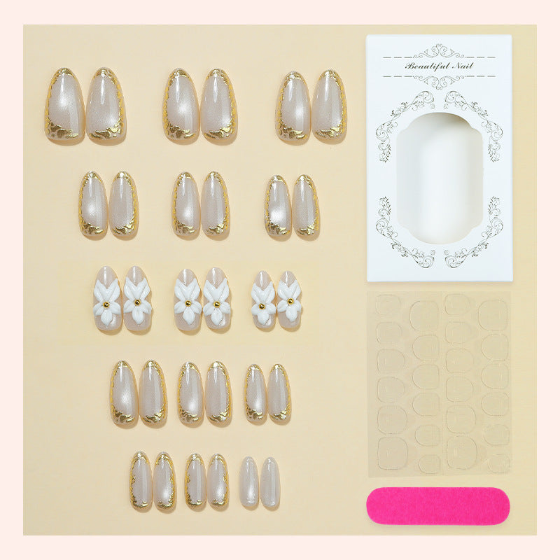 Elegant Press-On Nail Art Set with Floral and Gold Accents Acalora