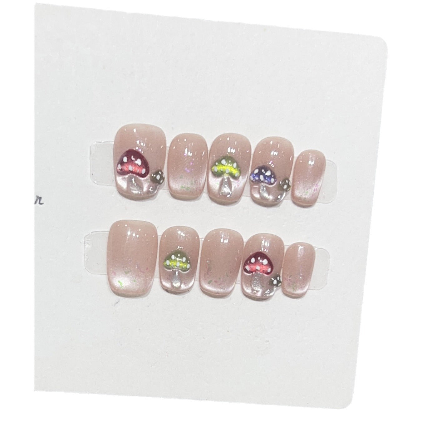Artistic Press-On Nail Set with Playful Mushroom Designs Acalora