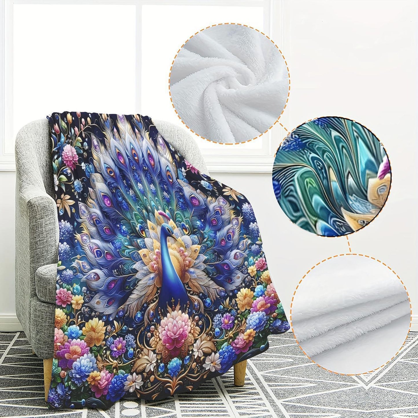 Artistic Peacock Print Fleece Throw Blanket